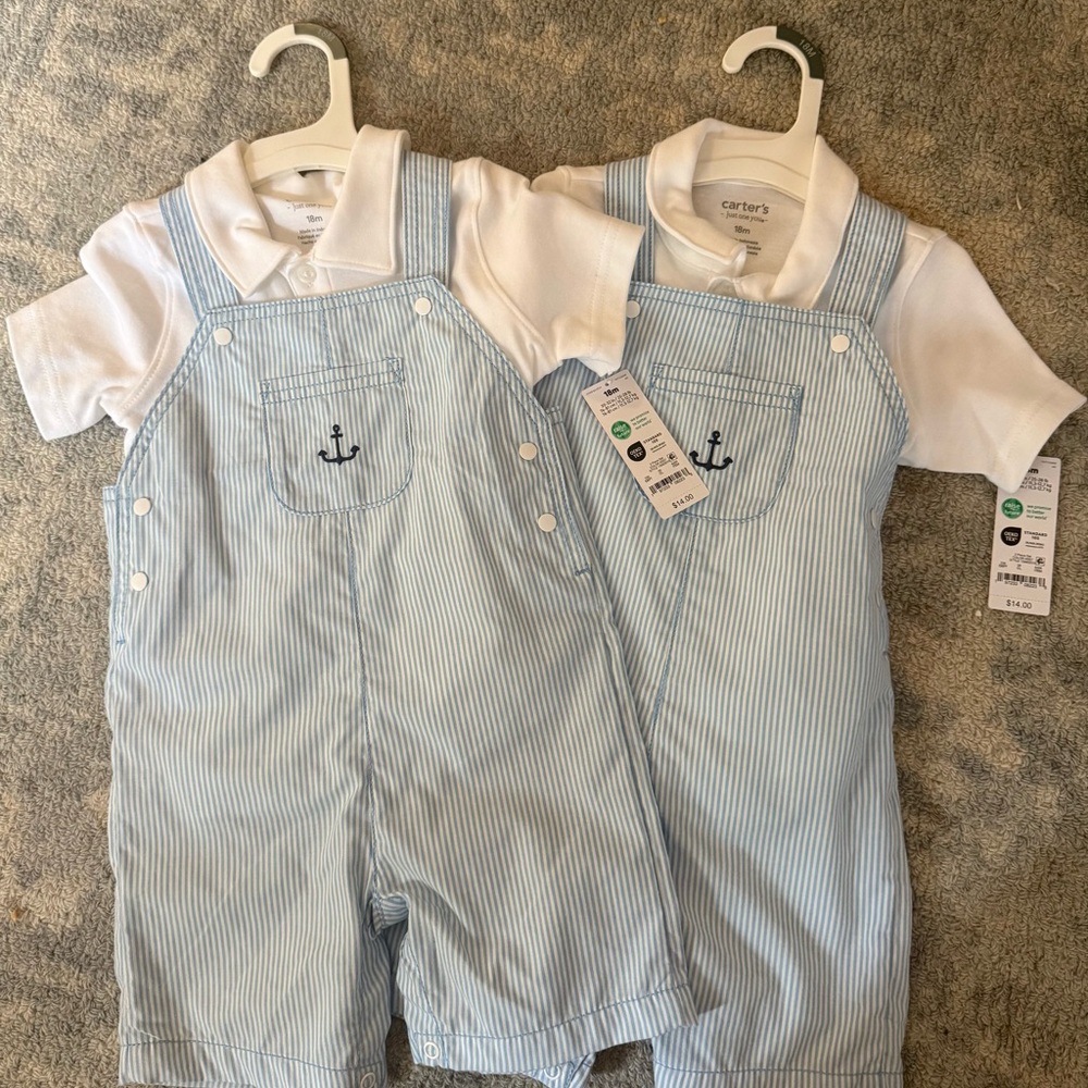 Twin Boys Light Blue Striped Anchor Shortalls with White Polo 18 months